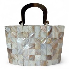 Vintage Mother Of Pearl Tiled Mini Handbag Lucite Double Handle Minaudiere Bag