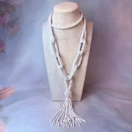 Vintage White Beaded Long Chain Detail Tassel Necklace - Picture 2 of 4
