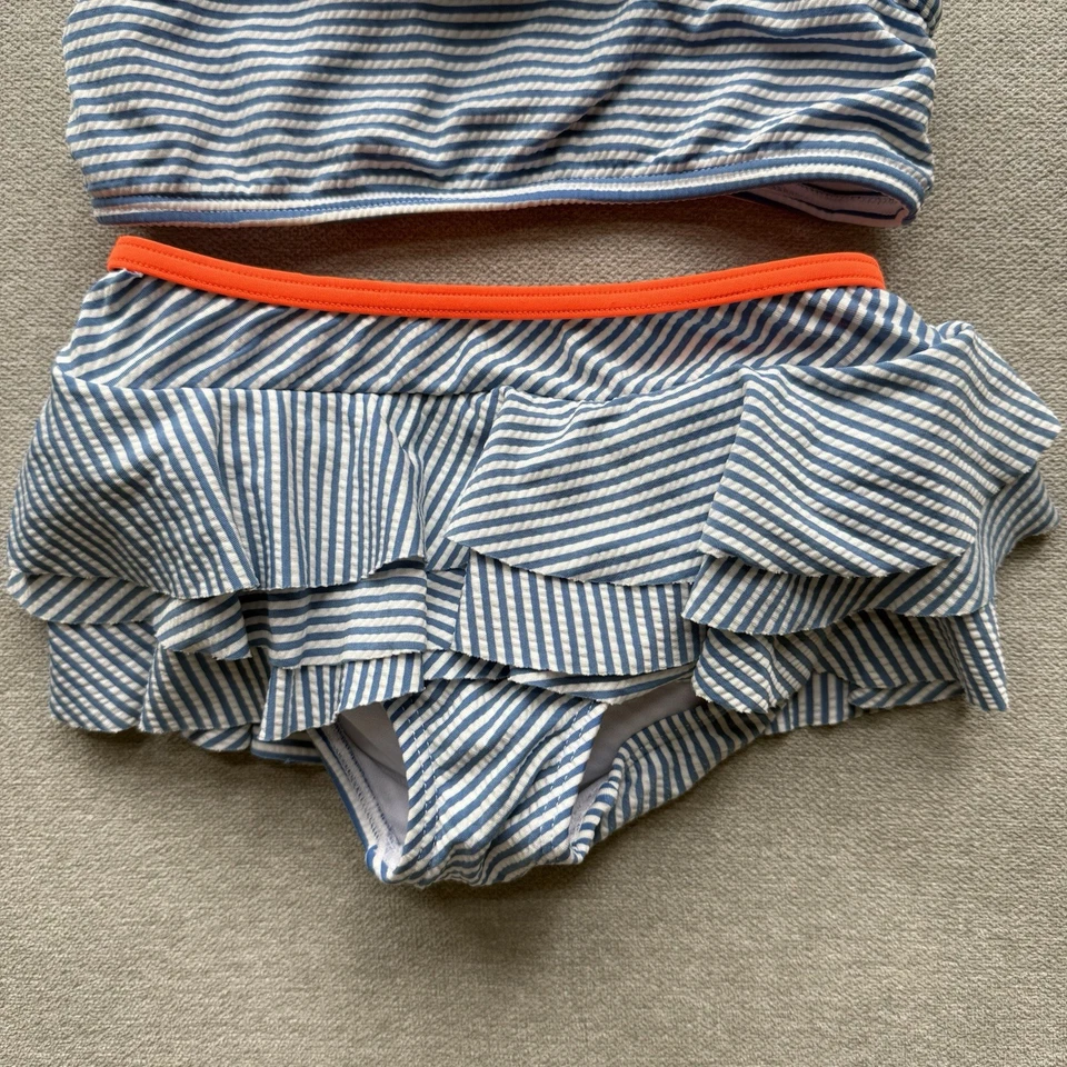 Mini Boden 2 Piece Bikini Swimsuit Girls 5 6 Striped White Blue Ruffle - Image 3 of 4