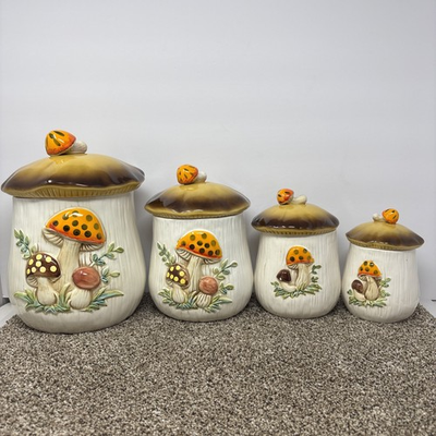 #ad Vintage Sears Roebuck Merry Mushroom Canister Set of 4 Ceramic 1978 Japan READ $220.00