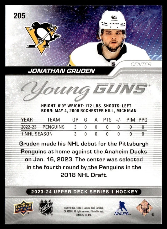 2023-24 Upper Deck Young Guns Jonathan Gruden Rookie Pittsburgh Penguins #205 - Image 2 of 2
