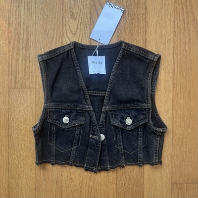 Bershka cropped black denim vest in XS