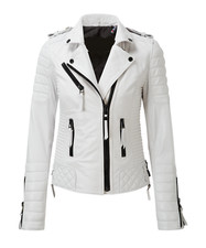 White Leather Jacket Women Biker Moto Pure Lambskin Size S M L XL XXL Custom Fit