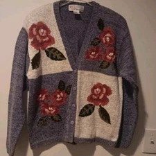 Vintage Milano Roses Leaves Colorblock Cardigan Womens Medium Ramie Cotton Blend