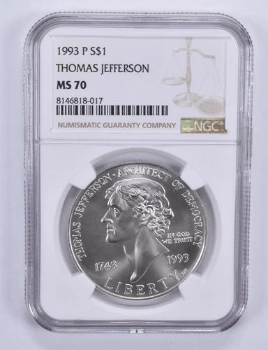 1993-P Thomas Jefferson Commemorative Dollar MS70 NGC Brown Label