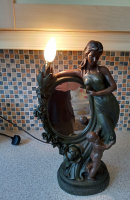 VINTAGE STATUE JUGENDSTIL HÜBSCHE DAME CHERUB SCHMINKTISCH SPIEGEL LAMPE