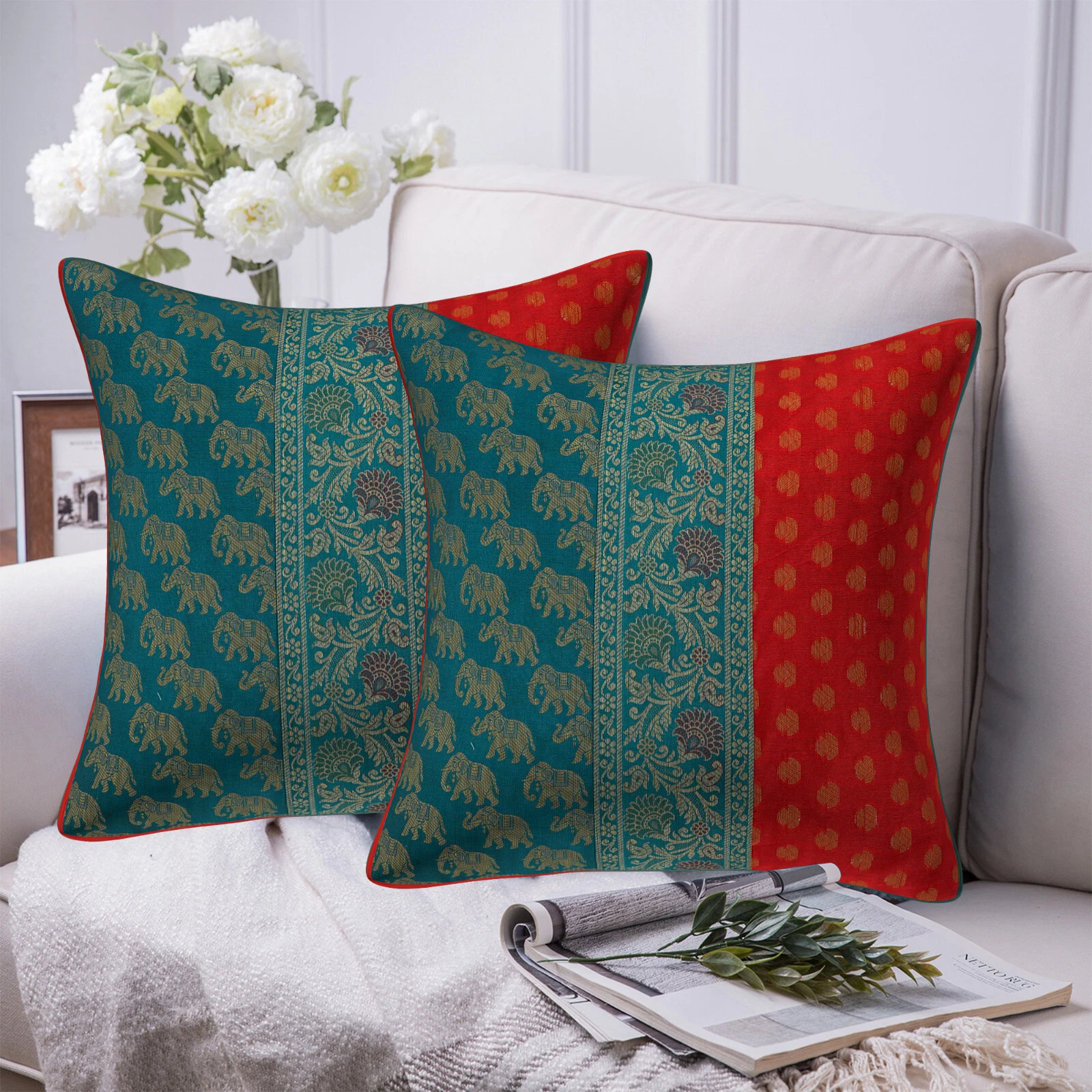 Indian Silk sea Green & Red Elephant Cushion Cover Throw Pillow 16x16 (Set2 Pc)