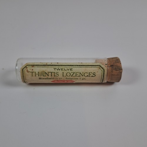 Vintage HW&D Thantis Lozenges Apothecary Medicine Vial Glass with Cork Stopper