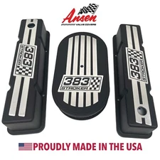 383 STROKER Black Valve Covers & 15" Oval Air Cleaner Kit - Engraved Set - Ansen