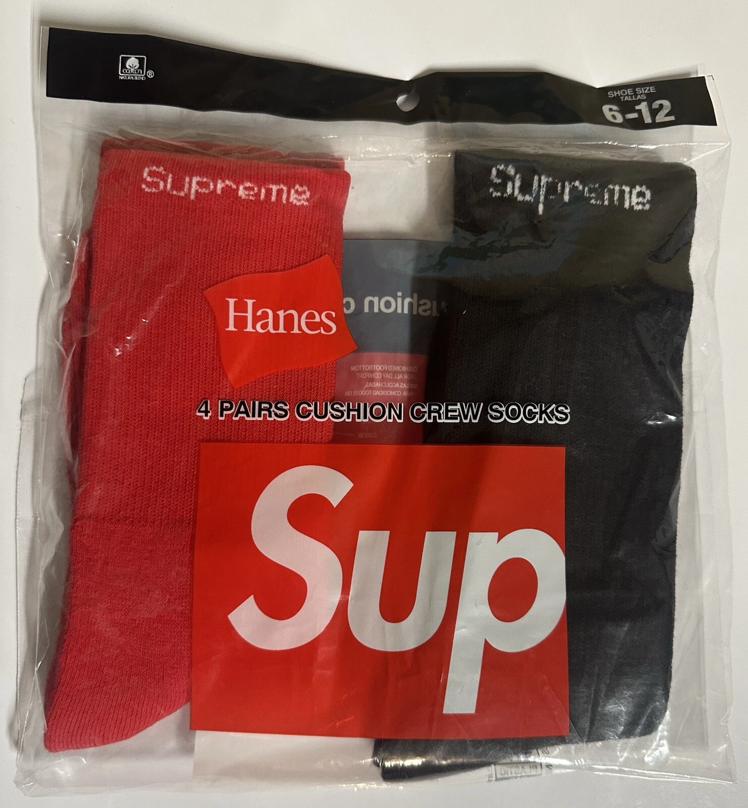 Lot de 2 paires de chaussettes col rond homme Supreme Hanes noir et rouge 6 12 !