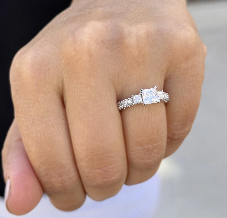 Princess Diamond Engagement Ring Three Stone IGI Certified 14k White Gold 1.60ct - Image 2 of 4