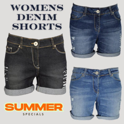 Damen Stretch Denim Shorts mittlere Taille Sommer Freizeit Boyfriend Hotpants Größe 8-20