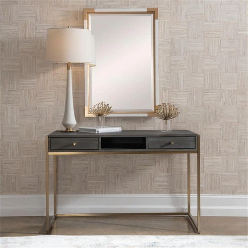 Uttermost Taja Modern Wood and Stainless Steel Writing Desk in Brass/Woodtone - Picture 2 of 7