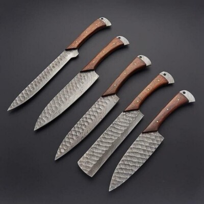 Custom Handmade Damascus Steel 5 pcs Chef Knife Kitchen set with leather Rollbag
