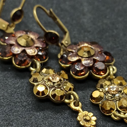Michal Negrin Earrings Long Chunky Drop Flowers & Brown Swarovski Crystals Gift - Picture 6 of 12