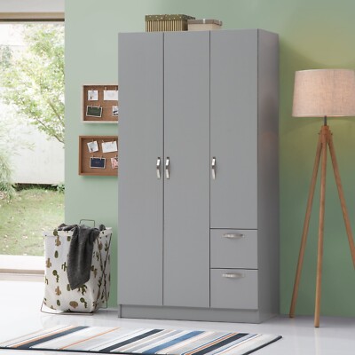 Kleiderschrank grau 3-türig 2 Schubladen Dreibettzimmer Kleiderschrank Schrank