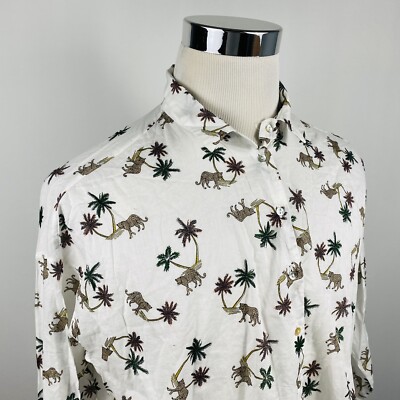H&M Size 8 Tiger Print Shirt Top Floral Palms on White 100% Cotton Button Front