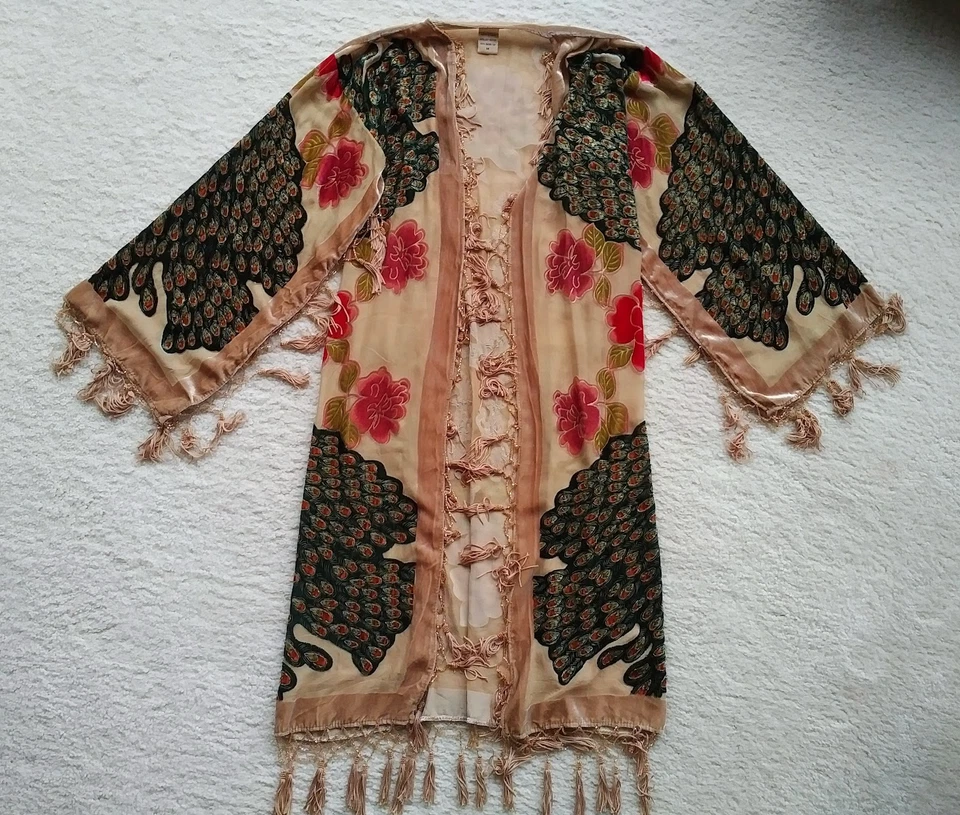 Lucy's Silk duster opera coat peacock motif velvet jacket kimono beads tassels M - Image 3 of 4
