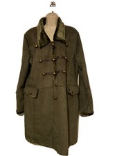 Military Faux Fur Suede Effect Coat Khaki Womens Leather Look Trim Fit S22
