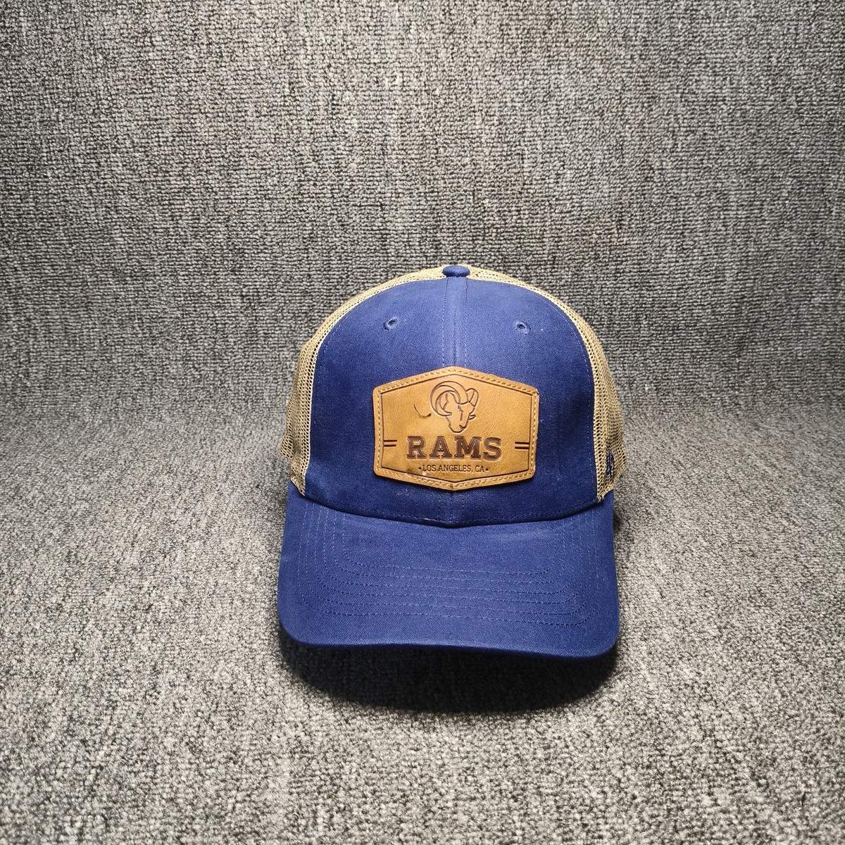47 Brand Los Angeles Rams NFL Trucker Hat Cap Leather Patch Snapback Blue Tan