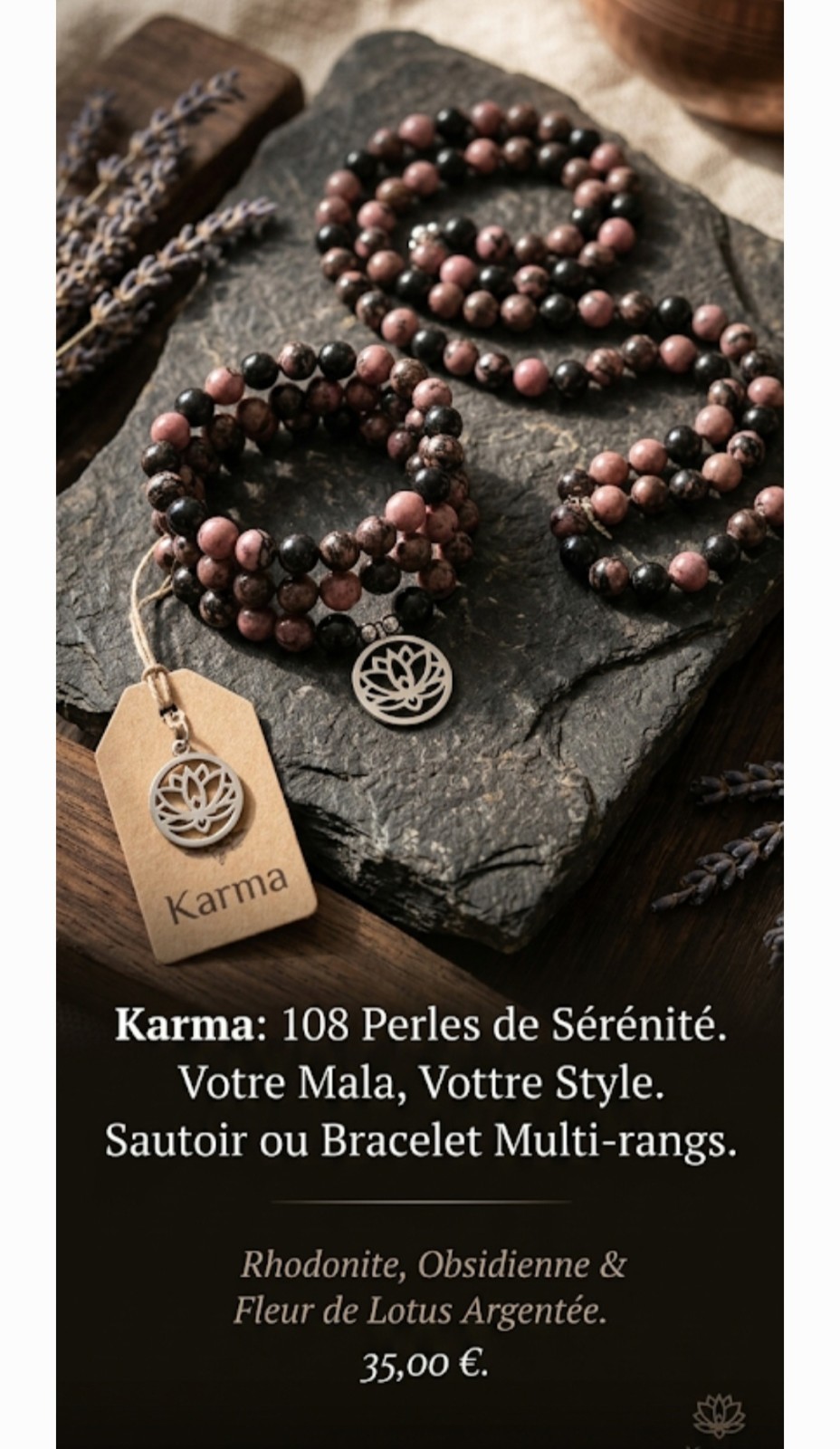 Collier bracelet Mala Rhodonite Obsidienne en pierres véritables de grade AAA