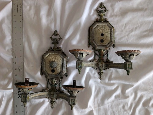 Vintage Ornate Pair Metal 2-Light  Needs Rewiring Wall Sconce Fixtures