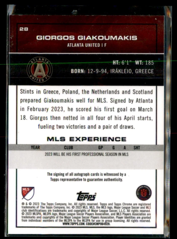 2023 Topps Chrome Green Refractor Giorgos Giakoumakis Atlanta United 28 Autogra - Image 2 of 2