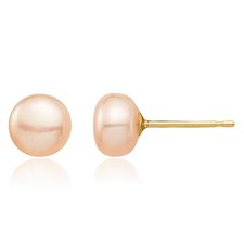 14K Solid Yellow Gold 6mm Pink Button Freshwater Cultured Pearl Stud Earrings