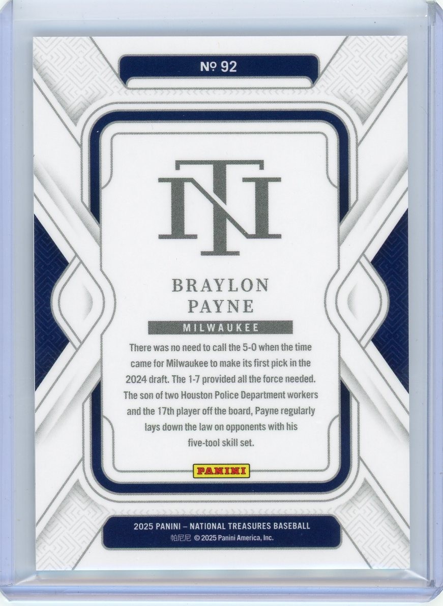 2025 Panini National Treasures #92 Braylon Payne Holo Gold 09/10