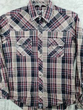 Rock 47 Wrangler Shirt Mens Medium Western Plaid Pearl Snap Embroidered Rodeo