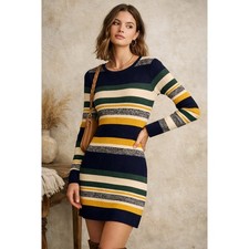 Storia Y2K Ribbed Knit Bodycon Sweater Dress Small Striped Long Sleeve