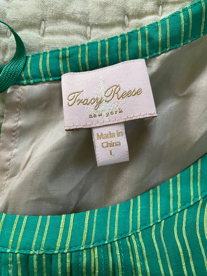 Anthropologie Tracy Reese Silk Green Striped Lined Womens Sz L Sheath Twee Dress - Image 3 of 4