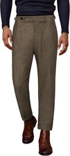 Men Vintage Tweed Herringbone Pleated Pants Classic Tailored Dress Trousers