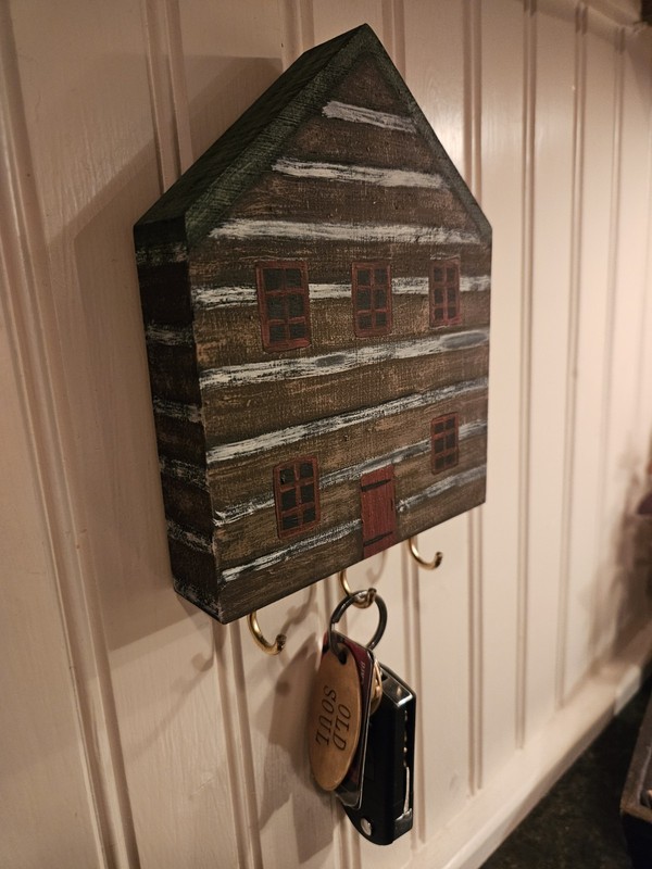 Primitive Folk Art Log Cabin  Key Chain Jewelry Holder Handpainted Wood