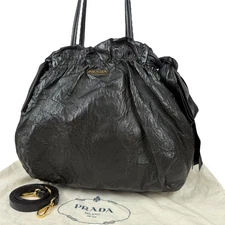 Prada BN1760 Nappa Leather Side Ribbon Tote Bag Black Vintage Authentic