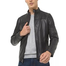 Men's Black Genuine Leather Biker Jacket   Stand Collar Zip-Up Motorcycle Style