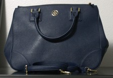 Tory Burch Robinson Double Zip Tote Bag Navy Blue Top Handle Purse Leather Work