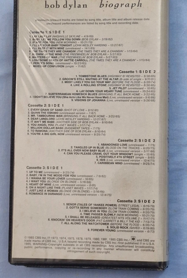 Vintage 1985 Bob Dylan Biograph 3 cassette set. Deluxe Aussie Edition - Image 3 of 4