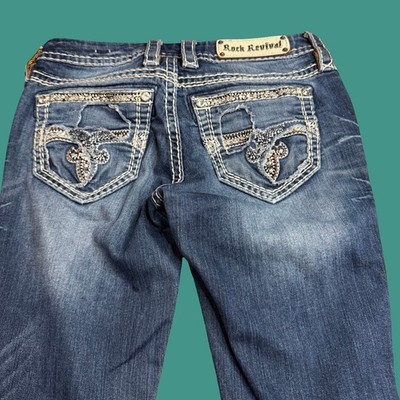 Rock Revival Womens 27 Luiza Bootcut Flare Jeans Y2K Rhinestone Distressed