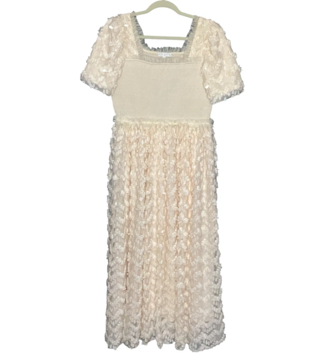 OFF WHITE Ivy City Co. Abito taglia XL avorio bianco sporco paillettes fumè impreziosito nuvola nove