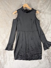 Boohoo Satin Ruffle Neck Cold Shoulder Bodycon Dress Black UK 12 Clubwear Party