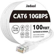 Cat6 Flat Ethernet Cable 100FT 10Gbps RJ45 LAN Network Patch Cord w/ Clips White