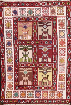 100% Silk Tribal Geometric Kilim-Sumak Oriental Area Rug Flat-Weave Carpet 3'x4'