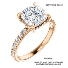 2.50 Carat D VVS1 CERTIFED CUSHION Moissanite Ring 14K Gold Charles & Colvard