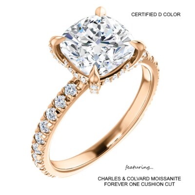 2.50 Carat D VVS1 CERTIFED CUSHION Moissanite Ring 14K Gold Charles & Colvard