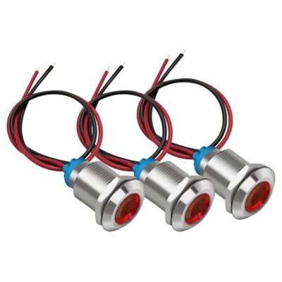 LED Red Light 12mm Waterproof Car Truck Boat Indicator 12V Lamp W/ Wire, 3 Pcs