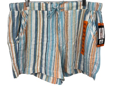 Briggs Women Linen Extra Extra Large XXL Stripe Cotton Shorts Pocket Blue New