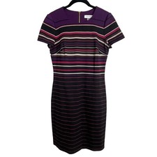 Calvin Klein Shift Dress Size 4 Purple Black Gray Striped Back Zip Short Sleeves