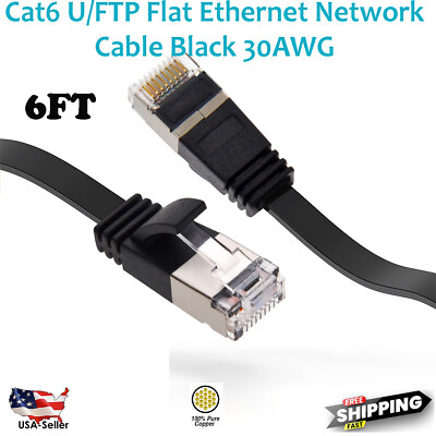 6FT CAT6 RJ45 Network LAN Ethernet U/FTP Shield Cable Flat Cord 30AWG Black