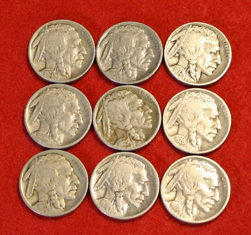 1920-29 P Buffalo Nickels 9 Full Date Coins one of each year BN555